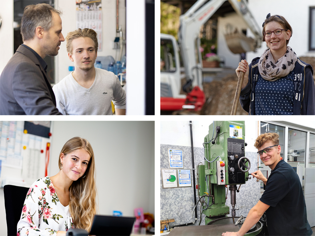 Collage mit vier Bildern von jungen Menschen auf der Arbeit