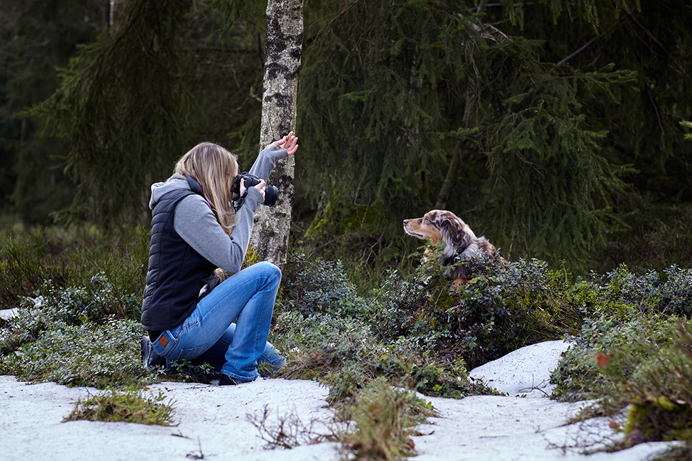 Frau fotografiert Hund im Wald
