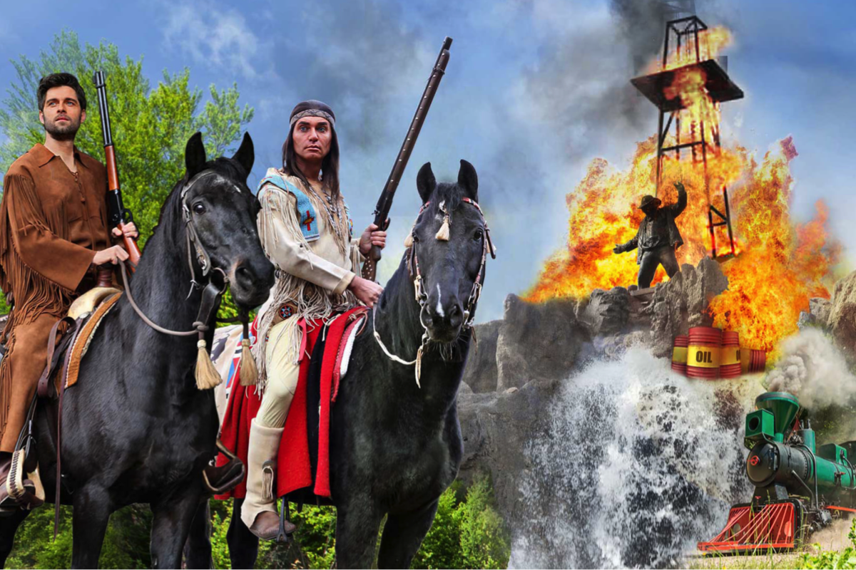 Collage mit Winnetou und Old Shatterhand auf einem Pferd sowie einer Explosion im Hintergrund
