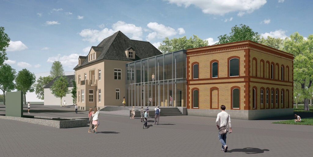 Grafik, wie die neue Stadtbücherei aussehen könnte. Drei Gebäudeteile. Das mittlere mit Glasfront