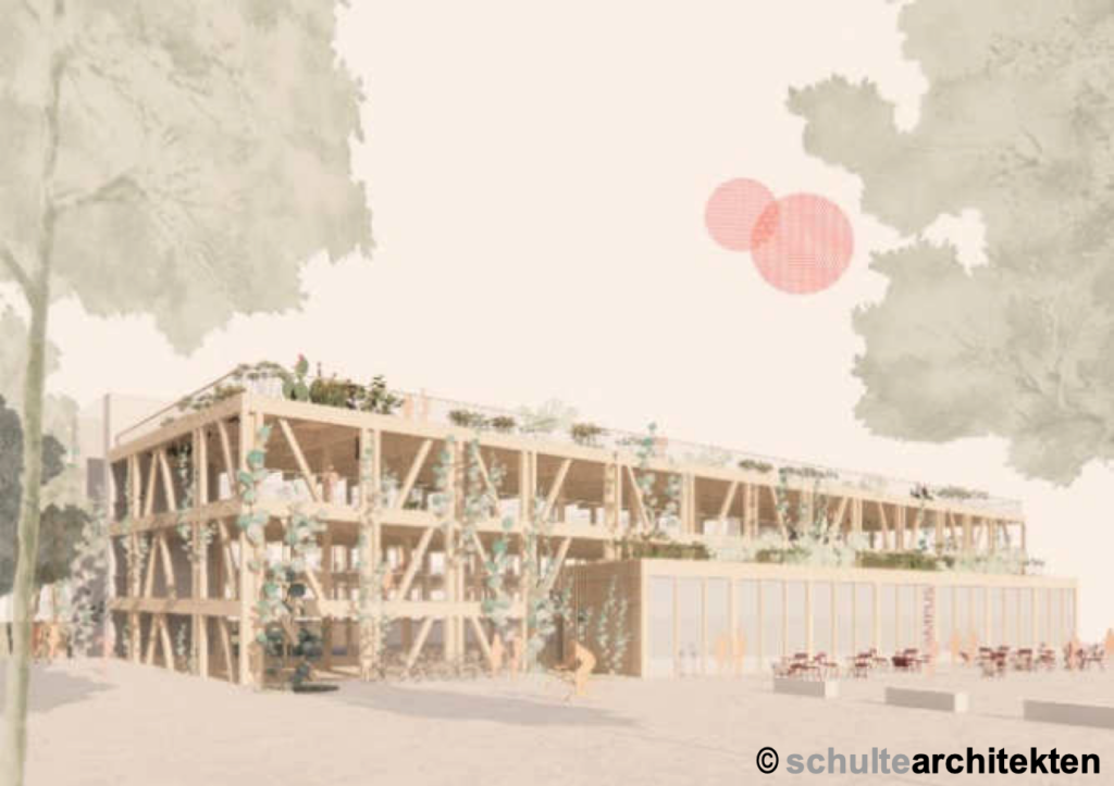 Visualisierung eines möglichen Parkhauses aus Holz